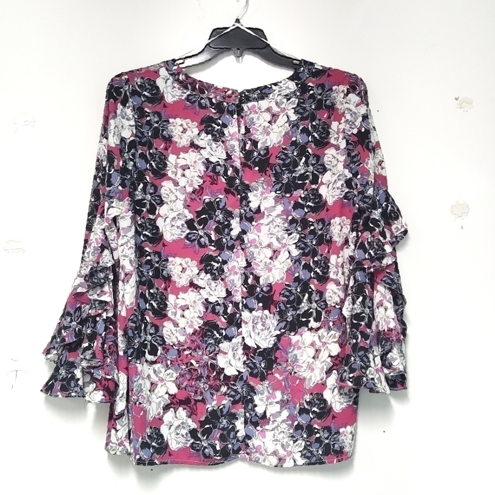Kate & Mallory Floral Blouse | Purple White Black Print Top | RuffleL. - Picture 2 of 5